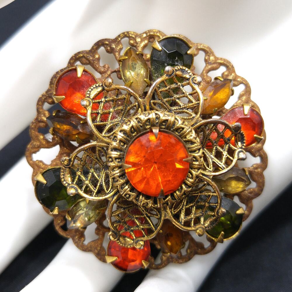 Mid-Century Orange Green Topaz Rhinestone Brooch, Filigree, 1950s Vintage